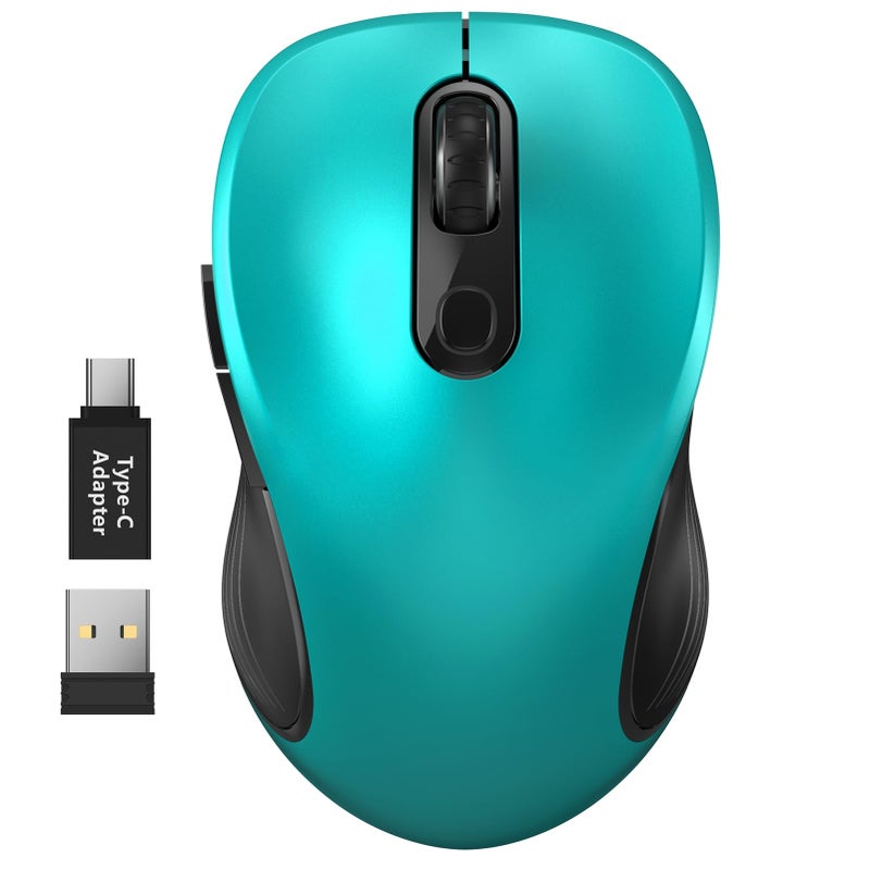 WisFox 2.4G Wireless Mouse for Laptop, Ergonomic Computer Mouse with USB Receiver and Type-C Adapter, 3 Adjustable Levels, 6 Button Cordless Wireless Mice for Windows Mac PC Notebook (Green) - Image 1